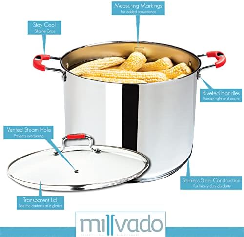 Millvado 84 Qt Stainless Steel Stockpot with Glass Lid and Steam Hole