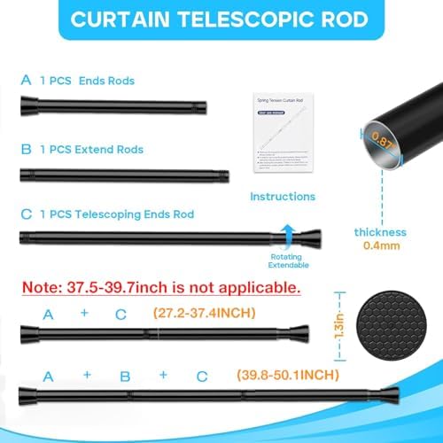 MEXAU Black Spring Tension Curtain Rod 28-52 Inches No Drill