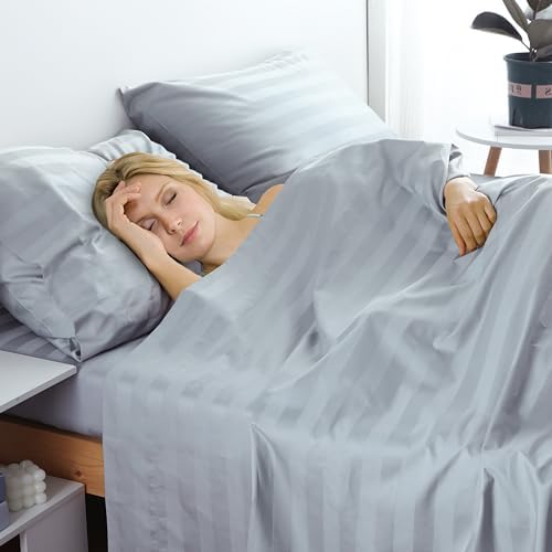 Zaizaihome Cotton Cal King Flat Sheet Only 600 Thread Count Grey Stripe