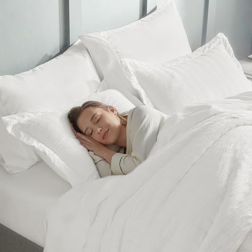 CozyLux Queen Comforter Set White Seersucker 7 Piece Bed in a Bag