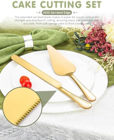 FTAKRY 13-Inch Cake Cutting Set with Gold Finish