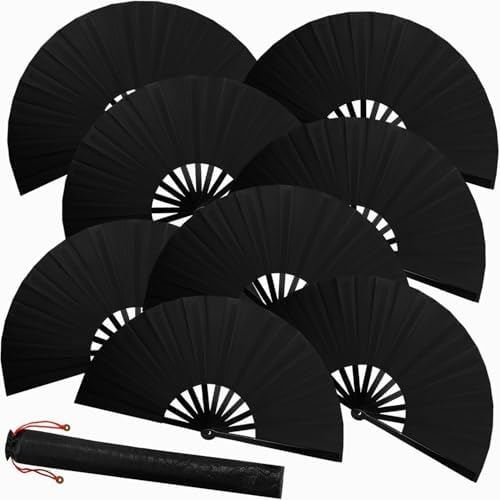 8pcs Large Folding Fans Set for Line Dance and Popping - Black