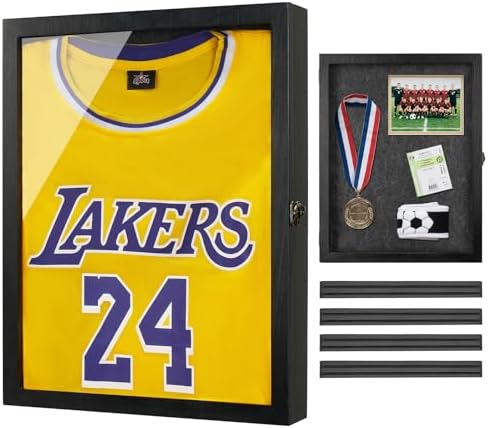 Large Jersey Frame Display Case Black Shadow Box with Slots for Keepsakes