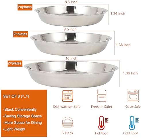6 Pcs Stainless Steel Dinner Plates Set