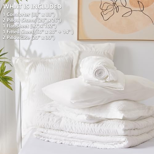 CozyLux Queen Comforter Set White Seersucker 7 Piece Bed in a Bag