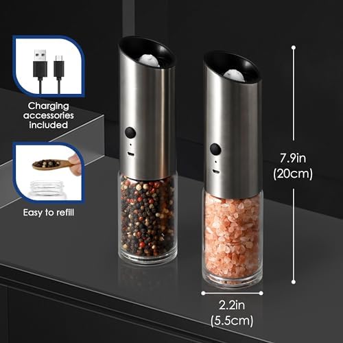 Vzaahu Gravity Electric Pepper and Salt Grinder Set of 2 - Rechargeable and Adjustable