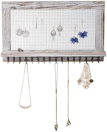 canwedance Rustic Wood Jewelry Organizer with 16 Hooks and 1 Pole
