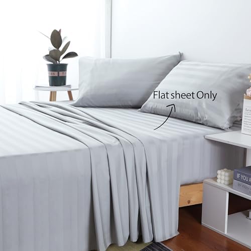 Zaizaihome Cotton Cal King Flat Sheet Only 600 Thread Count Grey Stripe