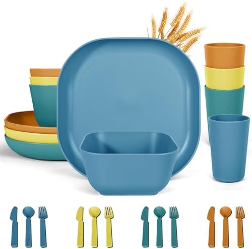 24 Piece Wheat Straw Dinnerware Set for 4 Unbreakable