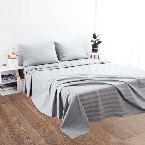 Zaizaihome Cotton Cal King Flat Sheet Only 600 Thread Count Grey Stripe