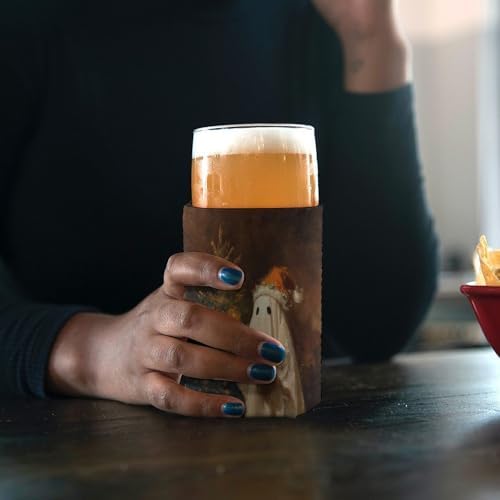 Beer Can Cooler Sleeve with Christmas Hat Ghost Design