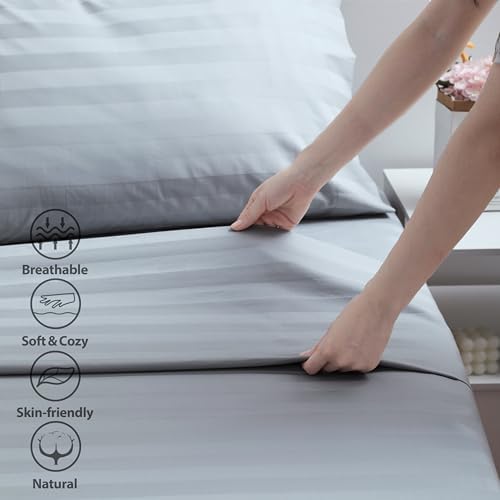 Zaizaihome Cotton Cal King Flat Sheet Only 600 Thread Count Grey Stripe