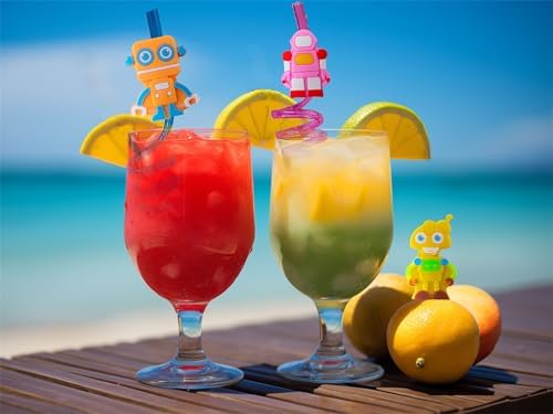 24-Pack Robot-Themed Reusable Plastic Straws for Birthday Party Favors