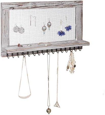 canwedance Rustic Wood Jewelry Organizer with 16 Hooks and 1 Pole