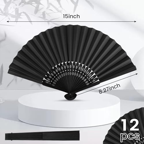 JOHOUSE 12 Pack Black Paper Folding Fans for Women