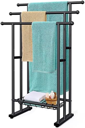 Kayfia 40 Inch Free Standing Towel Rack 3 Tier with Basket Black