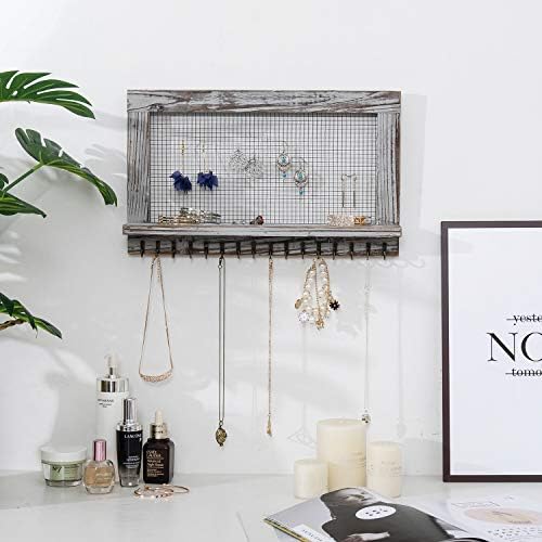 canwedance Rustic Wood Jewelry Organizer with 16 Hooks and 1 Pole