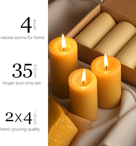 Natural Beeswax Candles 4 Pack with 140 Hours Burn Time
