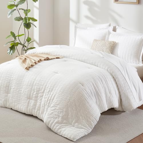 CozyLux Queen Comforter Set White Seersucker 7 Piece Bed in a Bag