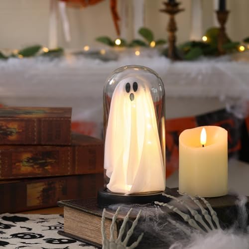 Light Up Ghost Glass Cloche Halloween Decor