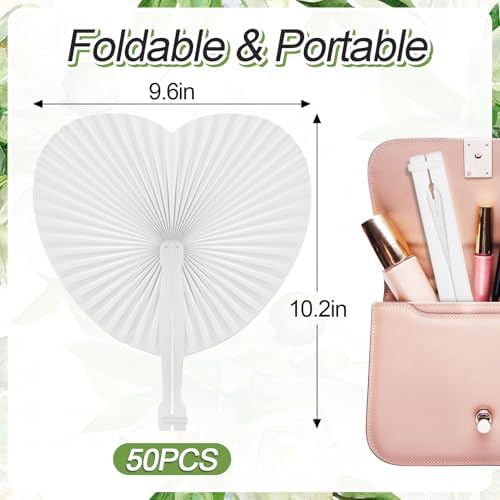 Cosweet 50 Pack White Heart Shaped Folding Fans