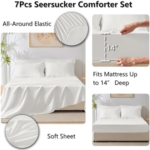 CozyLux Queen Comforter Set White Seersucker 7 Piece Bed in a Bag