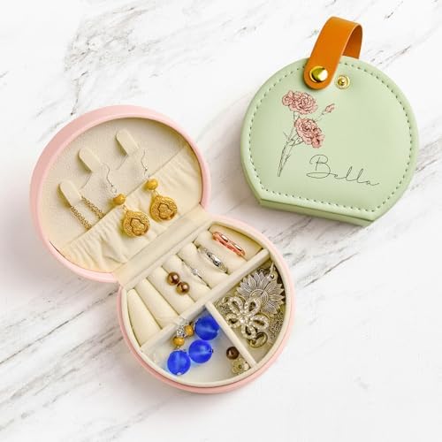 Personalized Leather Jewelry Box with Name and Birth Flower for Women
