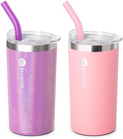 Bluwing 12 oz Double Wall Insulated Skinny Tumbler with Straw - Glitter PurplePink