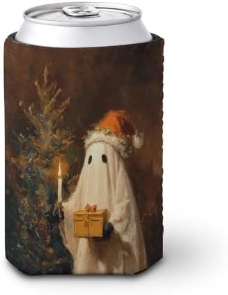 Beer Can Cooler Sleeve with Christmas Hat Ghost Design