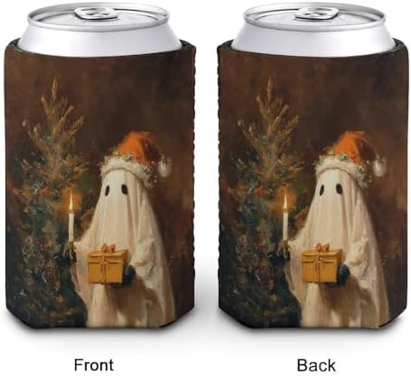Beer Can Cooler Sleeve with Christmas Hat Ghost Design