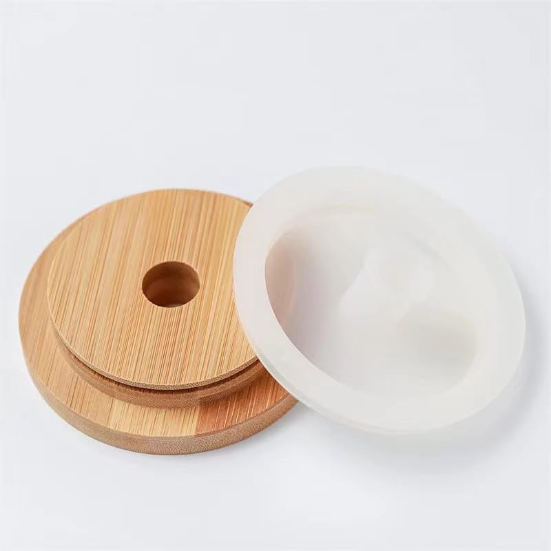 Upgrade 4Pcs Bamboo Mason Jar Lids with Straw Hole and Silicone Caps
