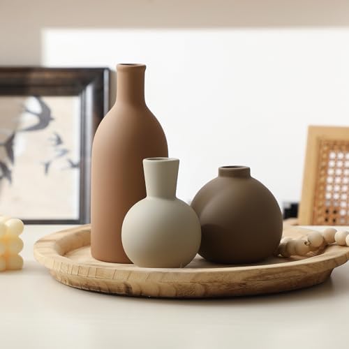 Ceramic Vase Set of 3 Brown Rustic Farmhouse Decor