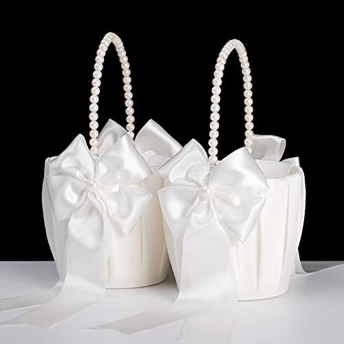 Ivory Flower Girl Baskets With Pearl Handle Set of 2