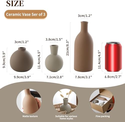 Ceramic Vase Set of 3 Brown Rustic Farmhouse Decor