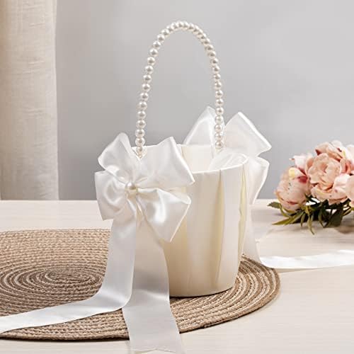 Ivory Flower Girl Baskets With Pearl Handle Set of 2
