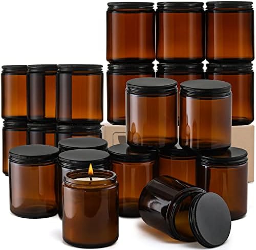 24 Pack 8oz Amber Glass Jars with Black Lids