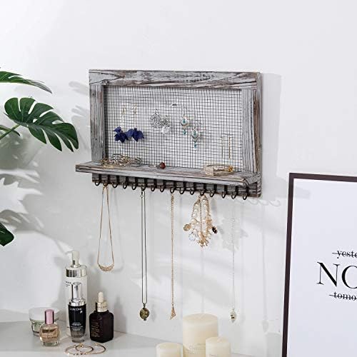 canwedance Rustic Wood Jewelry Organizer with 16 Hooks and 1 Pole