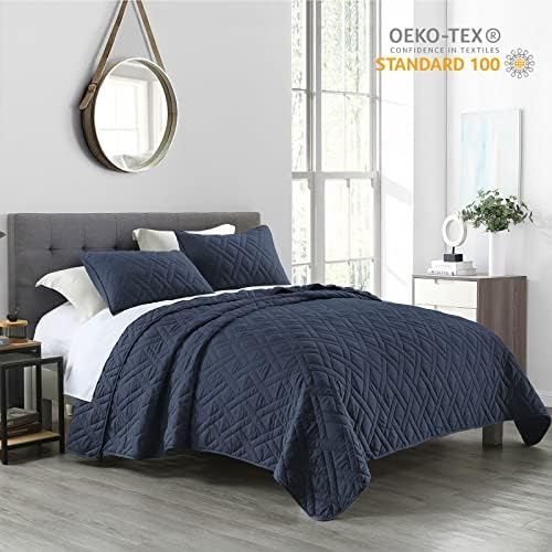 HORIMOTE HOME Queen Size Navy Blue Diamond Quilt Set