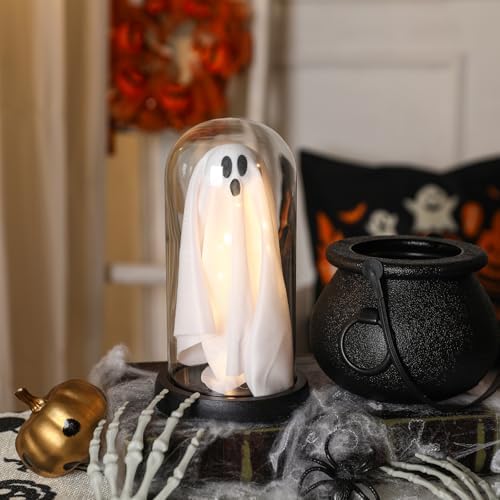 Light Up Ghost Glass Cloche Halloween Decor