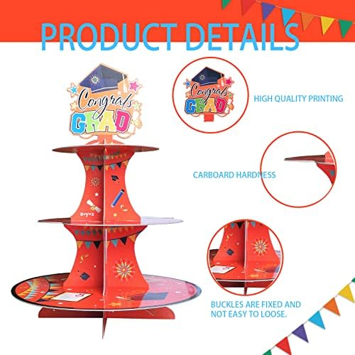 Kindergarten Graduation Cupcake Stand - 3 Tier Cardboard Dessert Tower with Congrats Grad Topper