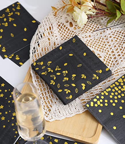 100 Pack Black Napkins with 4 Gold Designs