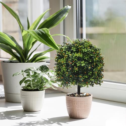KUKKUME Artificial Boxwood Topiary with Reddish Fruit Set of 2
