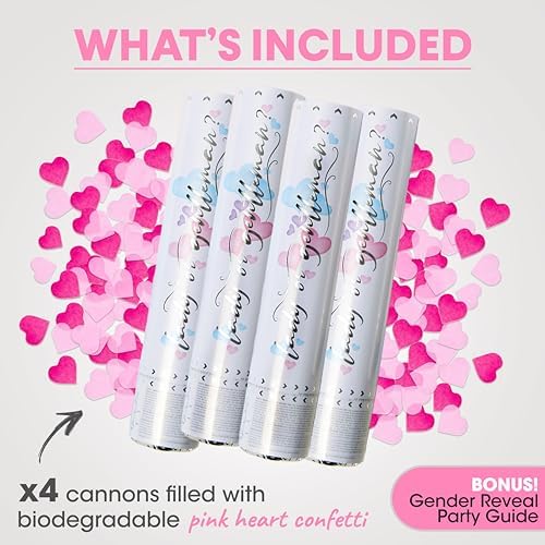 PrimePure Pink Heart Confetti Cannon - 4 Pack Biodegradable Gender Reveal Party Poppers