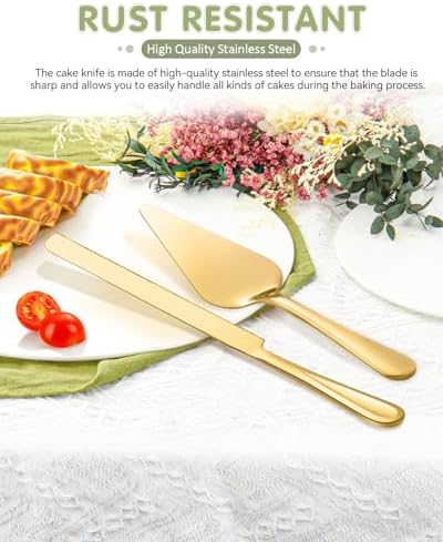 FTAKRY 13-Inch Cake Cutting Set with Gold Finish