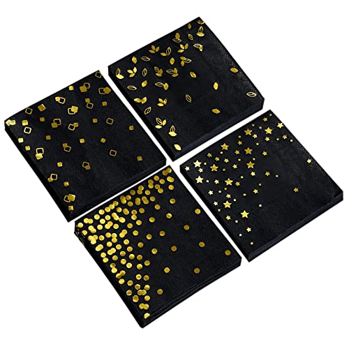 100 Pack Black Napkins with 4 Gold Designs
