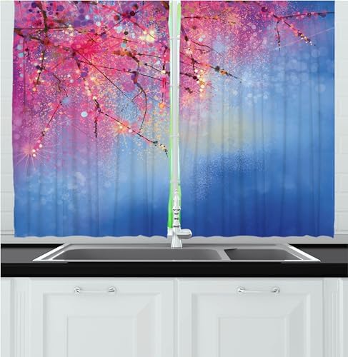 Ambesonne Flower Kitchen Curtains 2 Panel Set Blue Pink 55x30