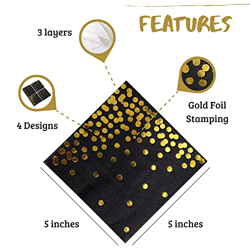 100 Pack Black Napkins with 4 Gold Designs