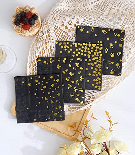 100 Pack Black Napkins with 4 Gold Designs