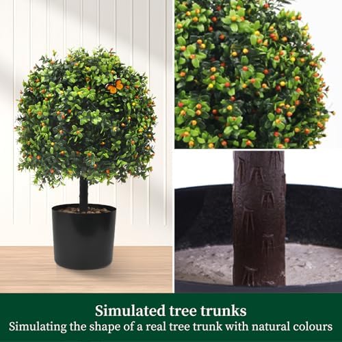 KUKKUME Artificial Boxwood Topiary with Reddish Fruit Set of 2
