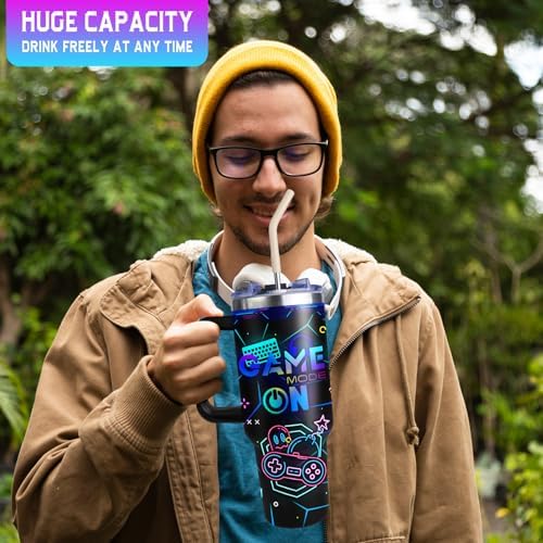 Gaming Mug for Men and Boys 40oz Tumbler with Handle and Straw